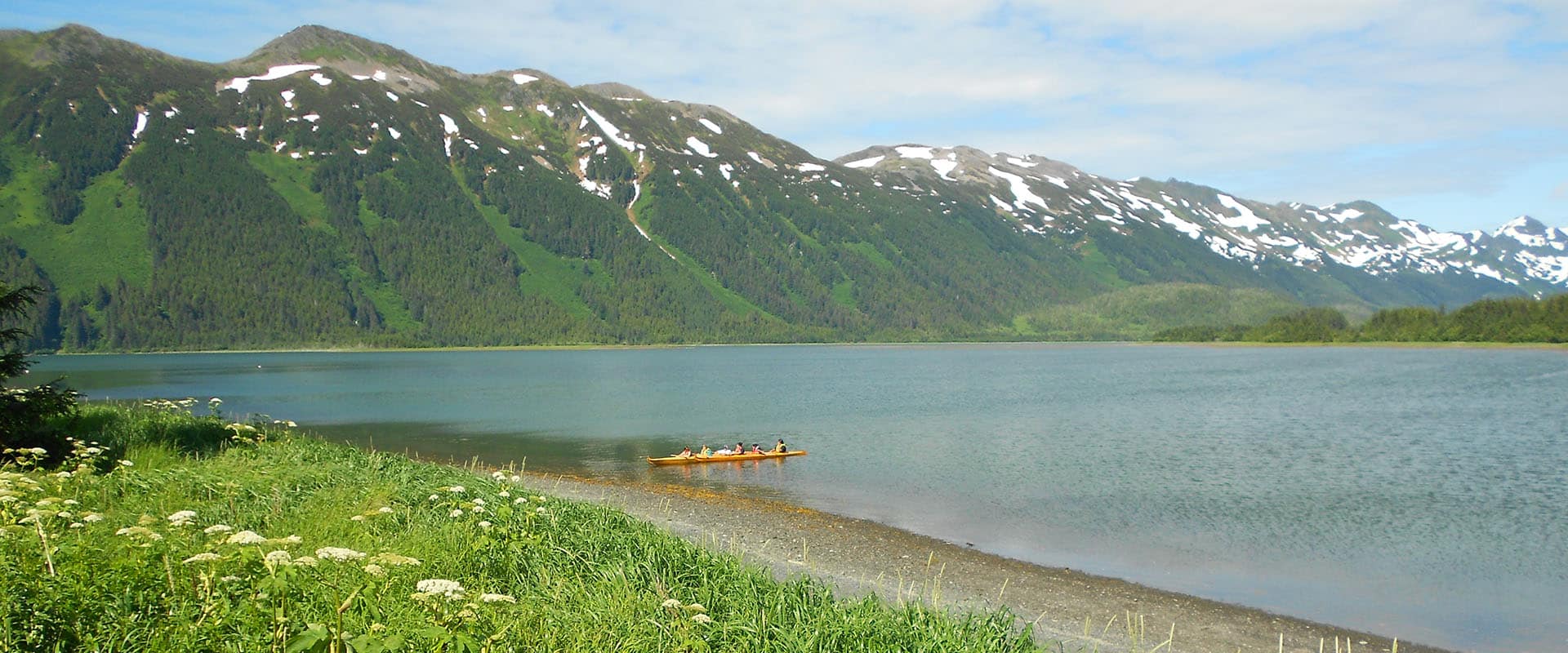 5 people in a canoe on the water coming into shore